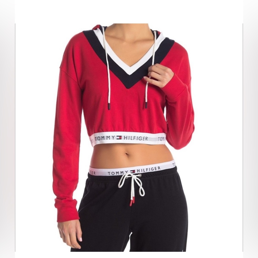 Tommy Hilfiger Red Cropped V-Neck Hoodie